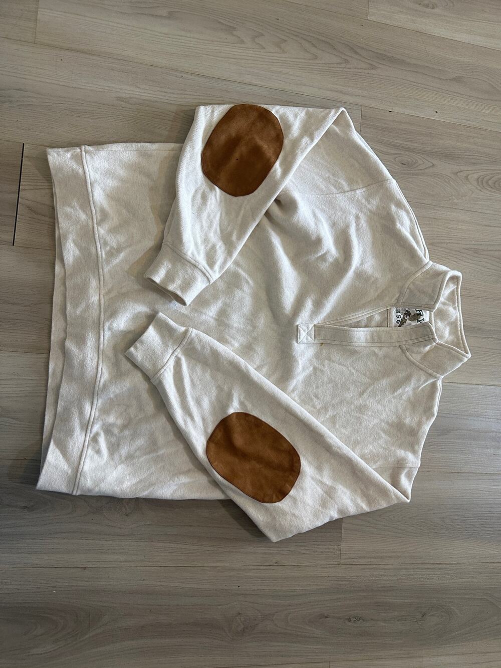 Orvis Oatmeal 1/4 Snap Pullover Sweatshirt Suede Elbow Patches Men's Size XL
